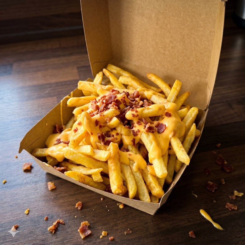 Patatine fritte con salsa cheddar e bacon sbriciolato